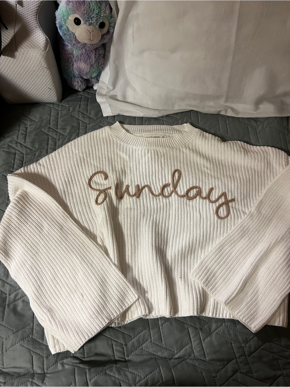 moon & madison White Sweater with Tan "Sunday" Script